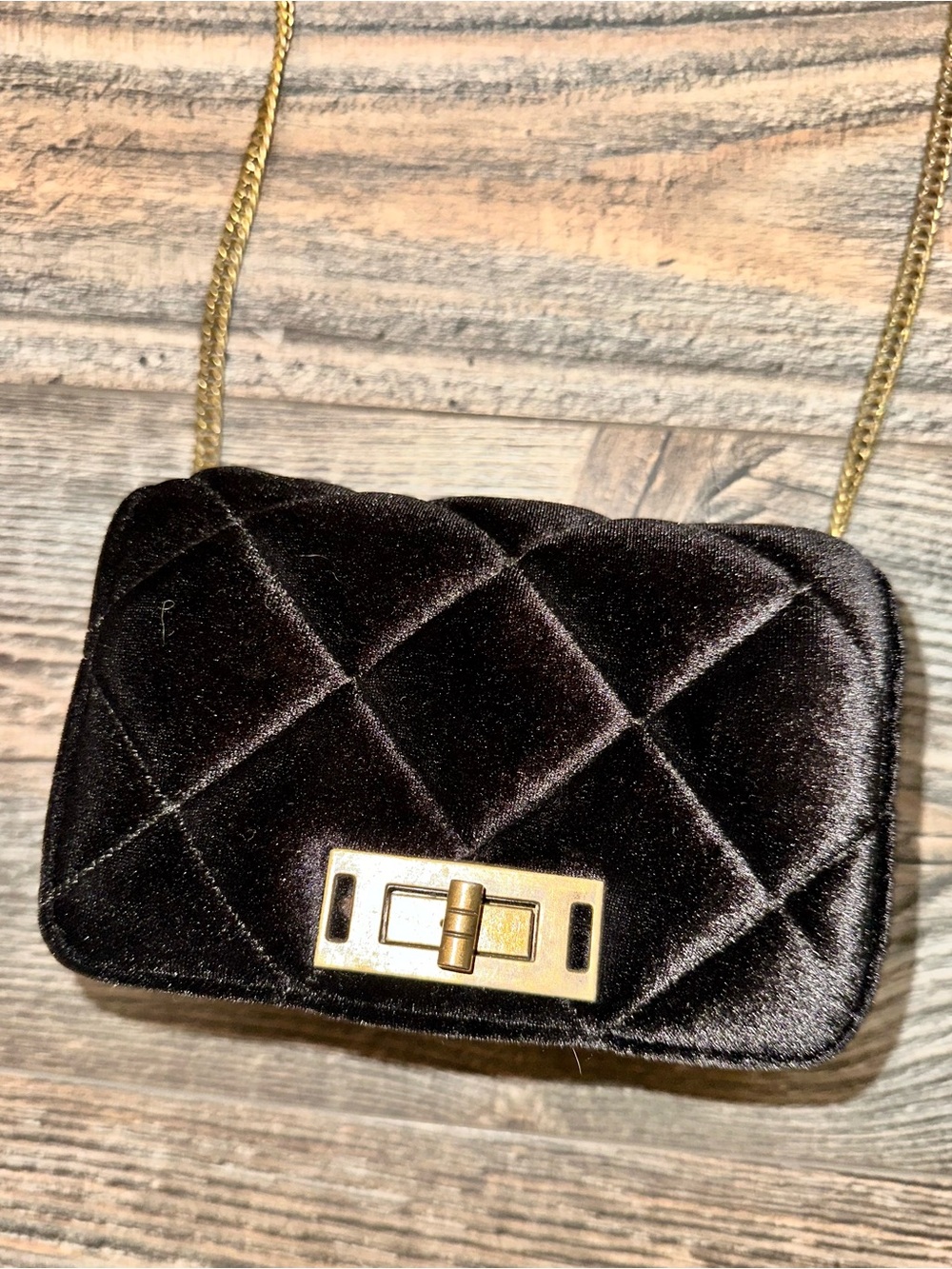 Vintage (2000’s) Quilted Velvet Crossbody Bag in Black w/ Antique Gold Hardware